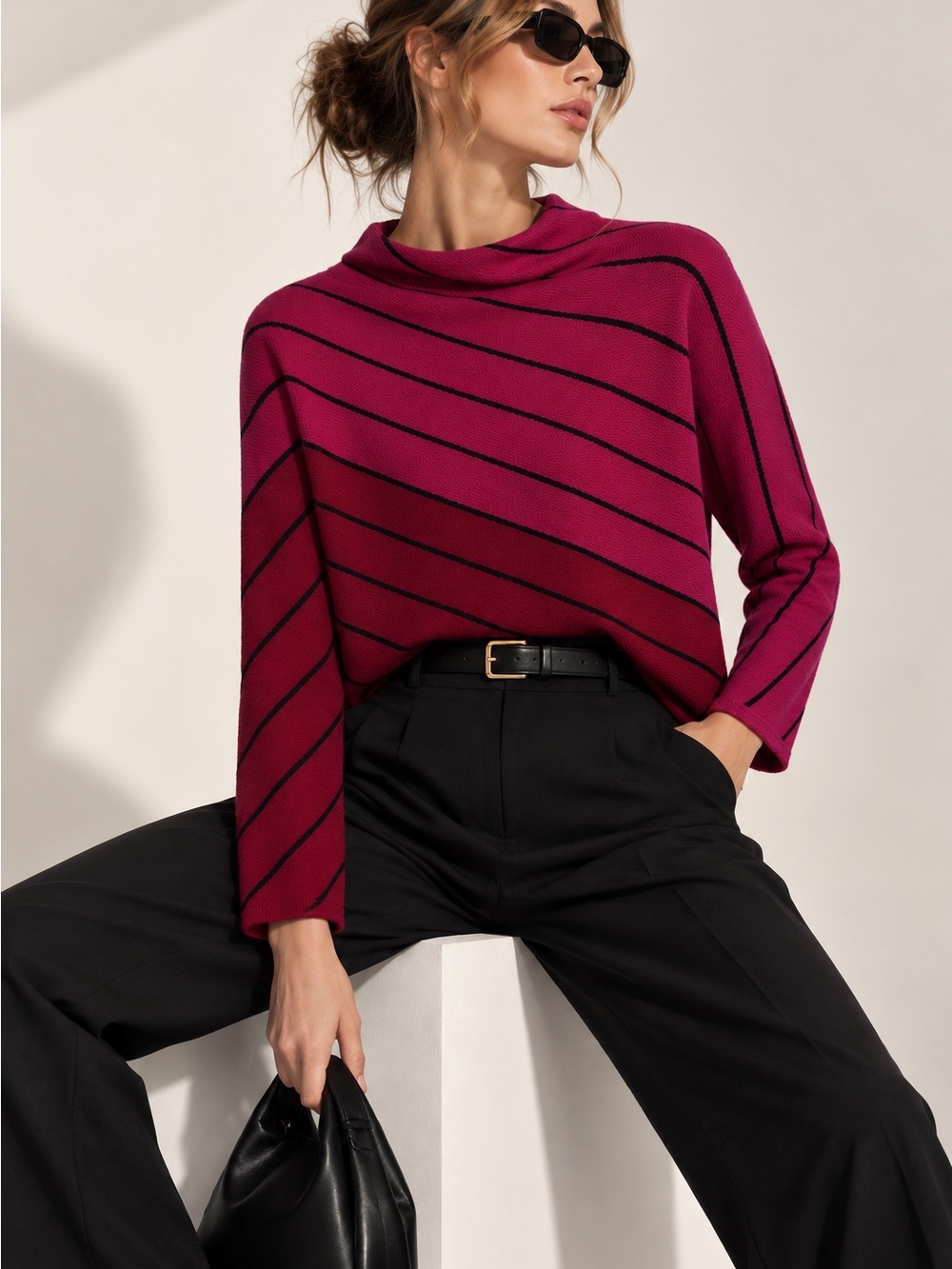 Tahari Pink Red Black Striped Knit Sweater Size M Dolman Boat Neck